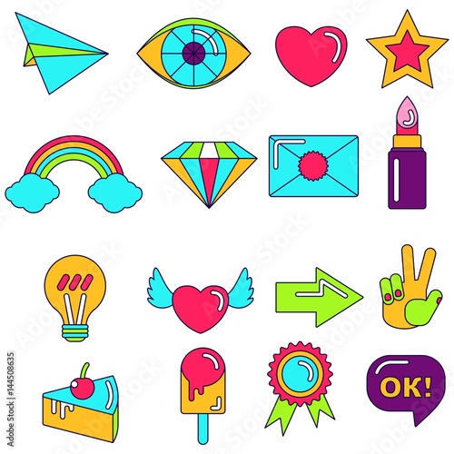 Fashion lines patch icons, pin badges set inspried by 80s - 90s comic style. Flat vector cartoon illustration. Objects isolated on a white background. photo