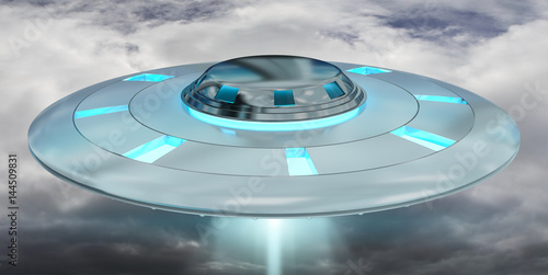 Vintage UFO flying on cloudy sky 3D rendering
