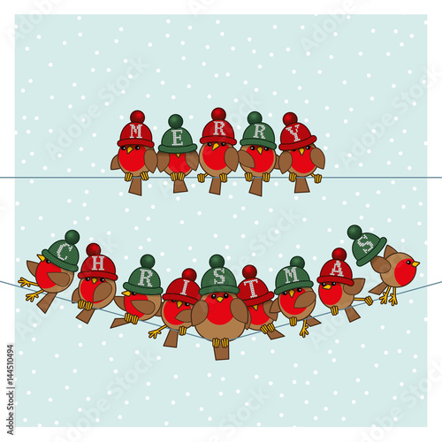 Robins wearing Red Green Woolly Bobble Hats on two Telephone Wires