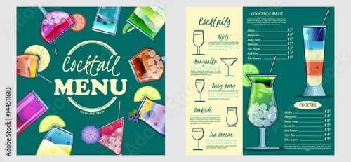 Cocktail menu design template.Cocktail list cover illustration. Vector graphic. Drinks menu.