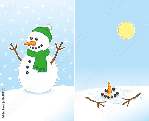 Happy Snowman wearing Green Scarf and Hat Melting in Sun