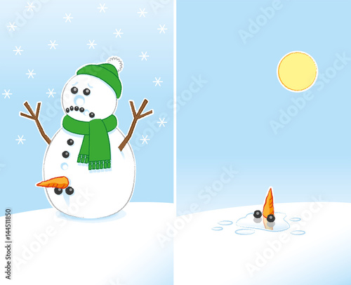 Sad Joke Rude Snowman wearing Green Melting in the Sunshine