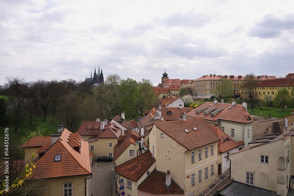 Prague old town. Landscape picture of pictouresque small quater called Novy svet just by the prague castle in capitol of Czech republic Prague. Picture taken in spring time, sunny day but with clouds.