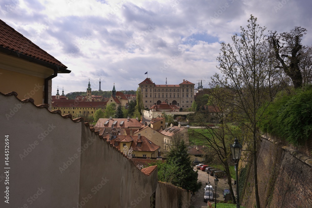 Prague old town in spring time. Landscape picture of picturesque small quarter called Novy svet and palace of   Ministry of Foreign Affairs by the prague castle in capitol of Czech republic Prague