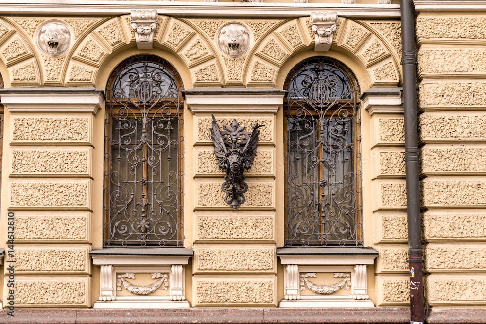 The exterior of the St. Petersburg Mutual Credit Society is a banking building built in 1890. Architect: P.Yu. Syuzor.
