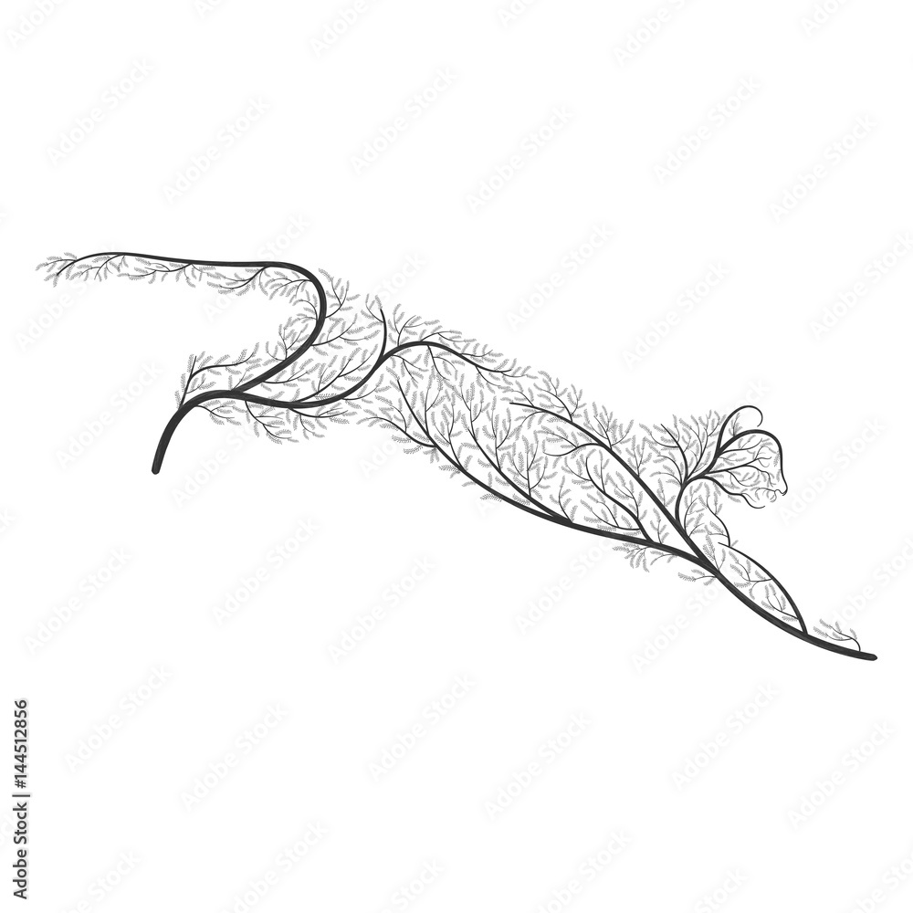 Naklejka premium Duży dziki kot stylizowany za pomocą krzaków do wykorzystania jako logo na kartach, w druku, plakatach, zaproszeniach, projektowaniu stron internetowych i innych celach.