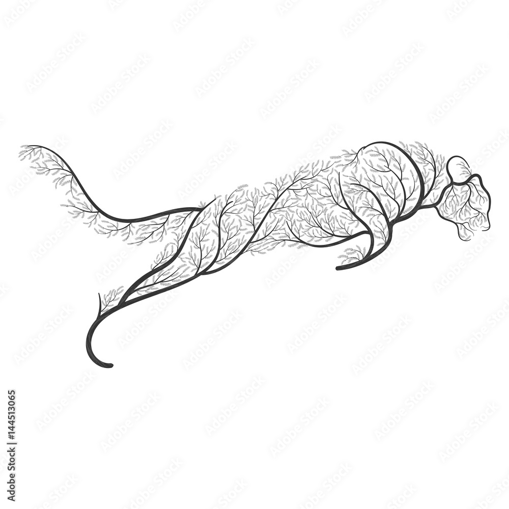 Fototapeta premium Big wild cat stylized by bushes for use as logos on cards, in printing, posters, invitations, web design and other purposes.