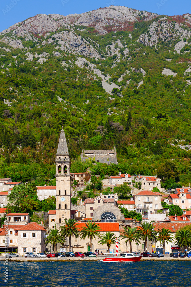 Beautiful view from tsea to Perast, Kotor Bay, Montenegro