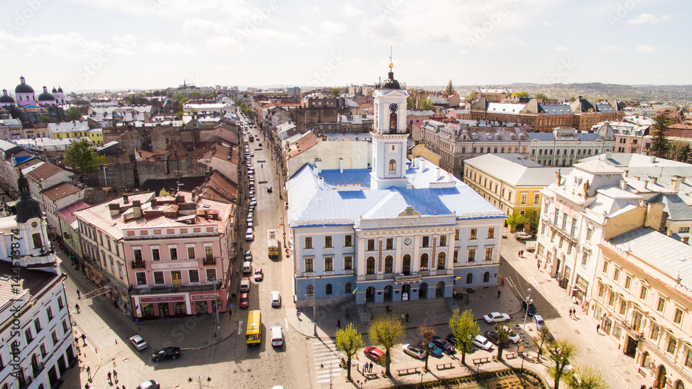 Chernivtsi main tower square from above Western Ukraine. Sunny day of the city.
