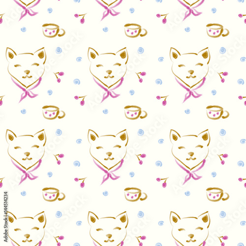 Wallpaper Mural cat with tea time pattern, seamless watercolor drawing pattern background Torontodigital.ca