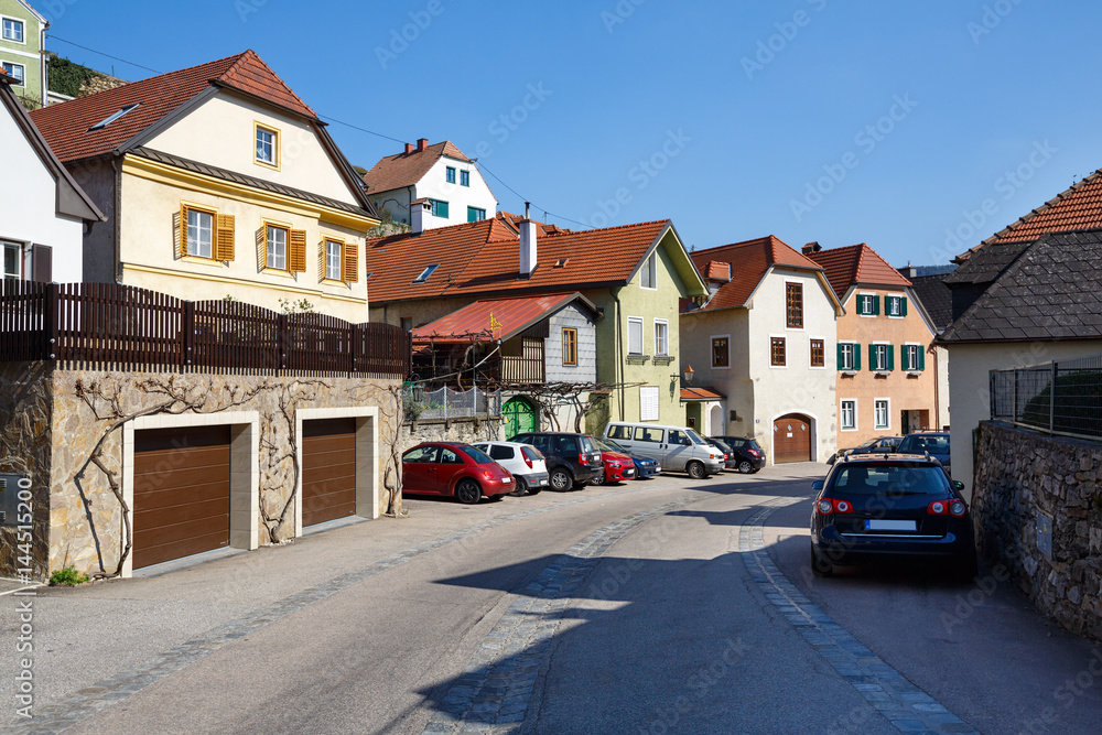 View of the residential street in the market town of Weissenkirchen in der Wachau. District of Krems-Land, Lower Austria.