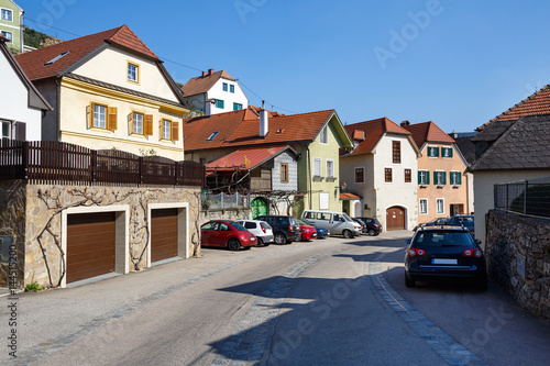 View of the residential street in the market town of Weissenkirchen in der Wachau. District of Krems-Land, Lower Austria.