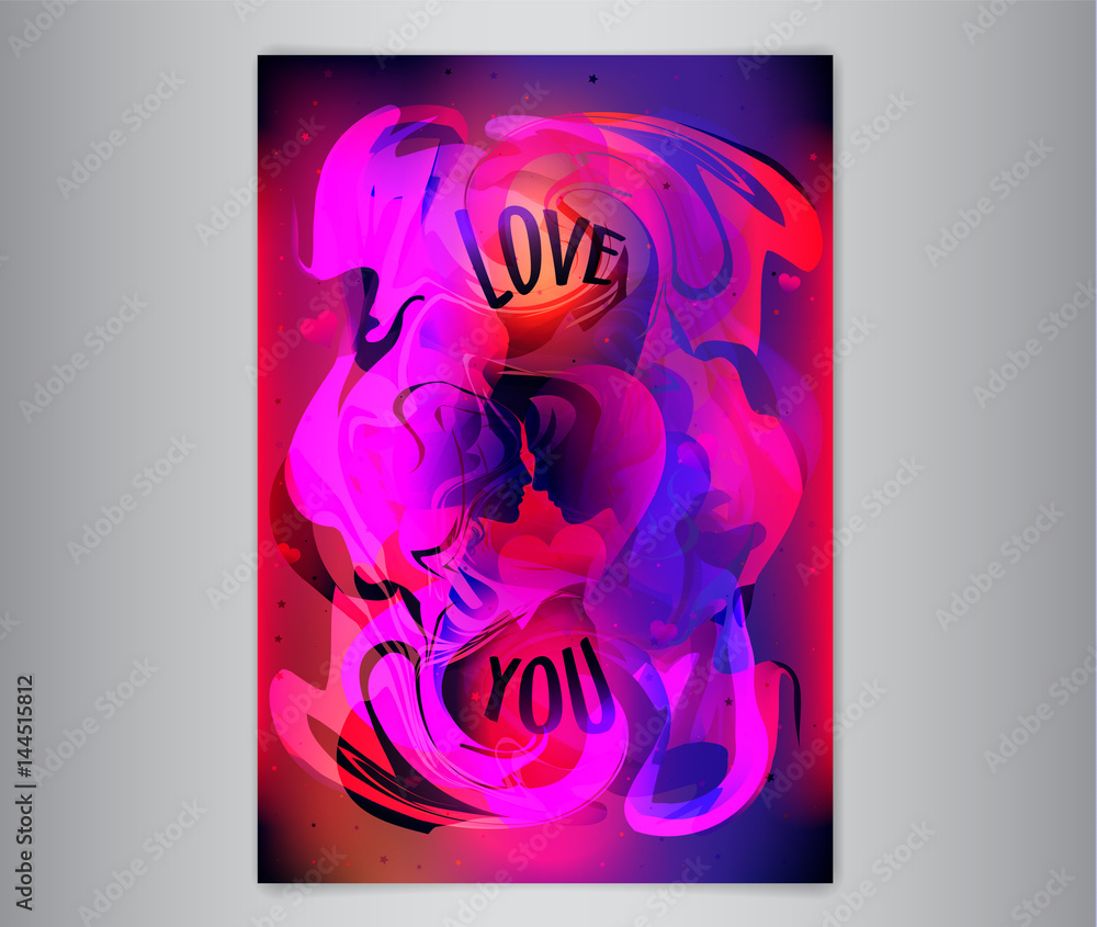Colorful Romantic poster with profile man and woman. Abstract paint