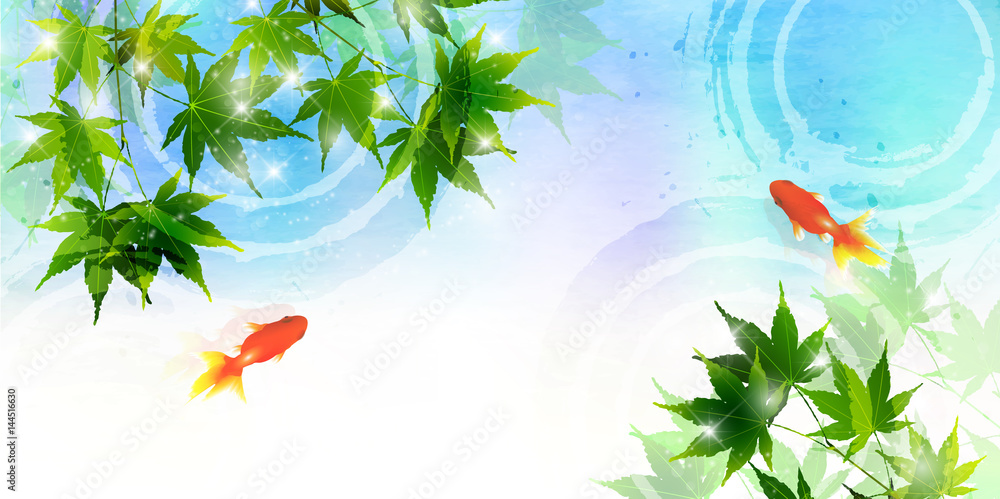 Naklejka premium 金魚 もみじ 暑中見舞い 背景