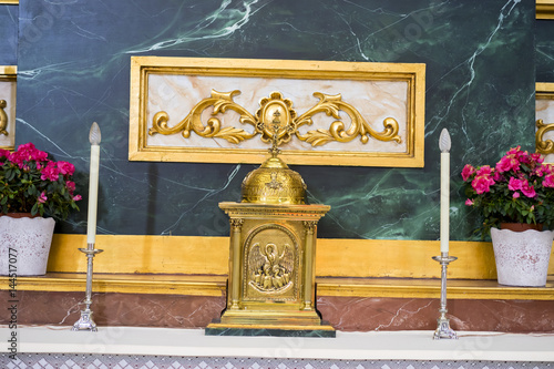 Altar with gold images. Holy Week in Spain, images of virgins and representations of Christ, scenes of faith in churches and temples of worship of Christendom