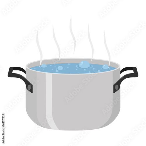 Boiled soup in pot. Meal with vegetables, meat. Flat style.