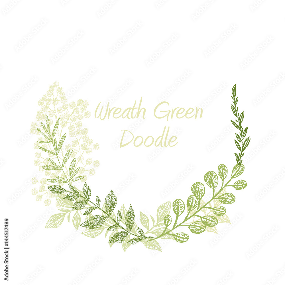 Greenery doodle hand drawn floral wreath vector, greeting, invitation or wedding card template. Green spring herb border