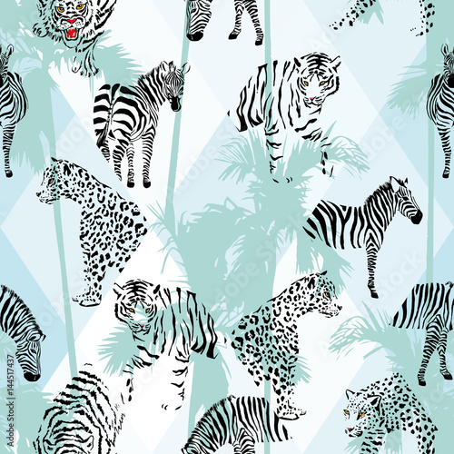 Patchwork tropical black color animals seamless background