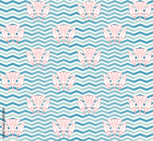 Abstract water lilies seamless pattern wallpaper vector with zig zag waves in blue, green, pink and white colors