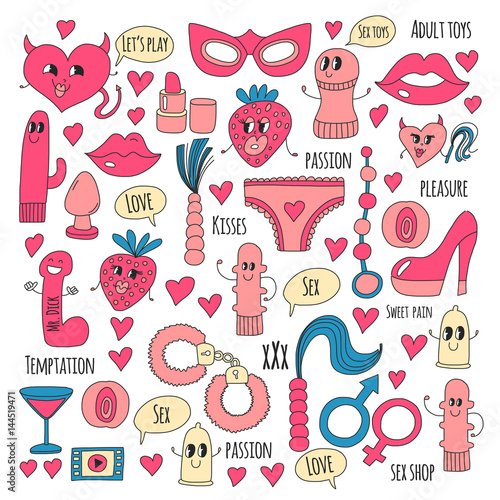 Doodle humorous vector sextoys for sex shop, internet shop Dildo, sex. love, passion, temptation, video, porn, humorous sex shop toys