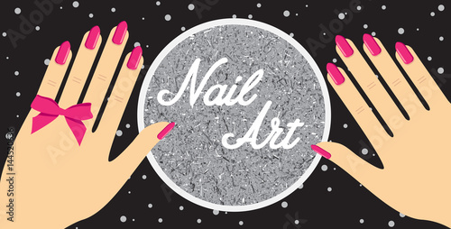 nail artWoman hand with red fingernails. Gift certificate for a nail salon.