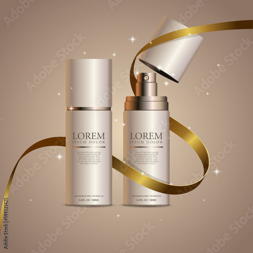 Digital vector Golden perfume container mockup, with your brand, ready for print ads or magazine design. Transparent and shine, realistic 3d style