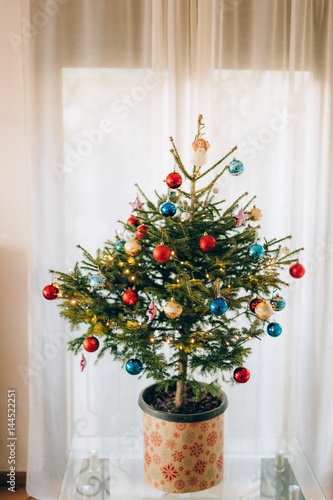 A small Christmas tree in a pot, decorated with balls, garlands and lights.