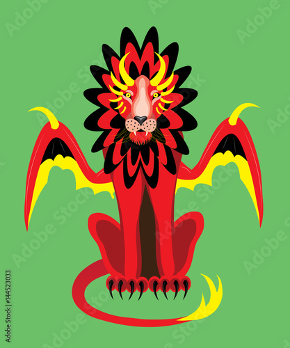 Lion with horns and wings of red color