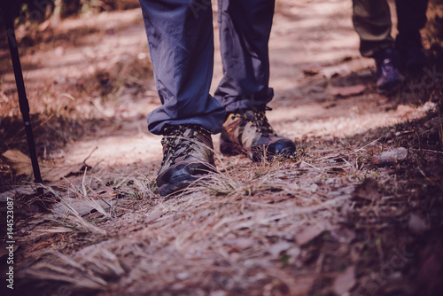 Close up of hiking boots on the forest.