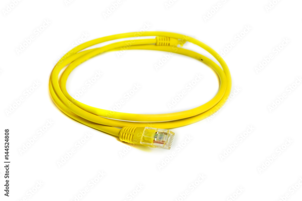 LAN network connection Ethernet RJ-45 cable yellow color.