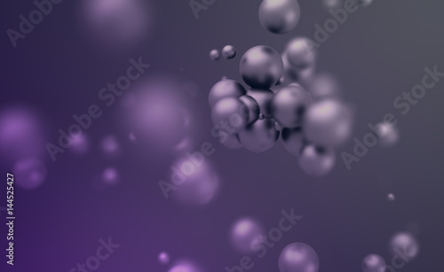 Abstract 3d rendering of chaotic spheres. Flying particles in empty space. Dynamic shape. Futuristic background with bokeh, depth of field effect. Design for poster, banner, placard.