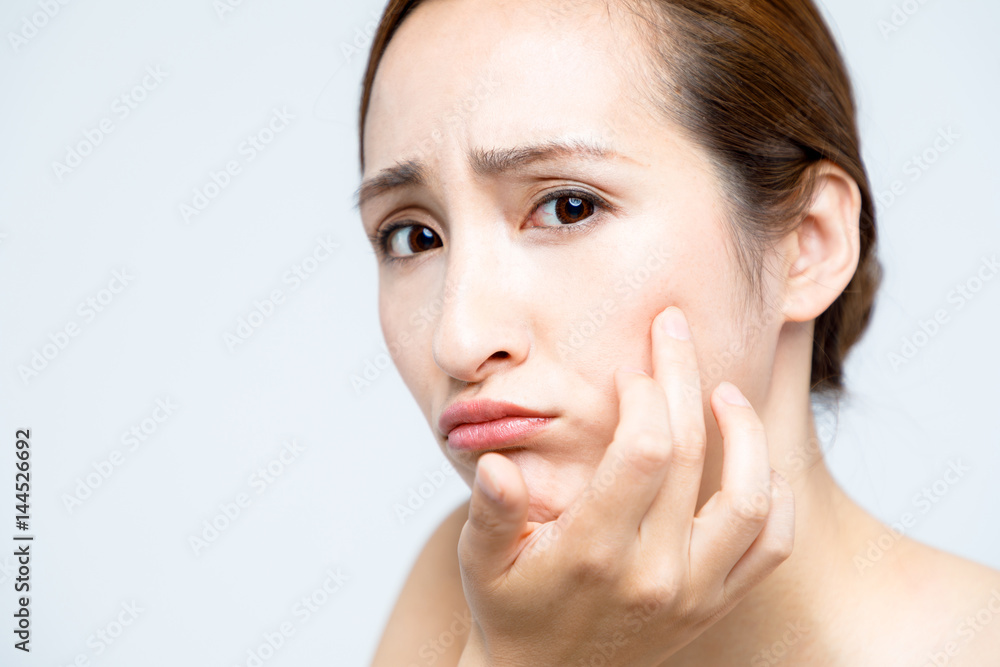 beauty girl who checks her skin, skin care, acne treatment beauty girl who checks her skin, skin care, acne treatment