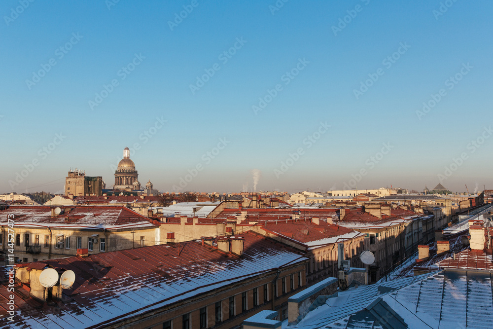 Cityscape of Saint Petersburg with St Isaac's cathedral on a horizon