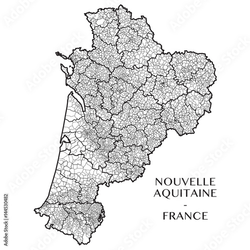 Detailed map of the region of Nouvelle Aquitaine, France including all the administrative subdivisions (departments, arrondissements, cantons, and municipalities). Vector illustration photo