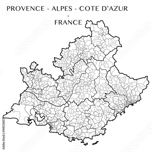 Detailed map of the region Provence-Alpes-Cote d'Azur, France including all the administrative subdivisions (departments, arrondissements, cantons, and municipalities). Vector illustration