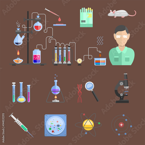 Lab symbols test medical laboratory scientific biology design molecule microscope concept and biotechnology science chemistry icons vector illustration.