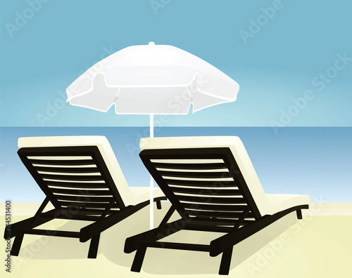 Sunbeds and umbrella on beach vector. Holiday theme