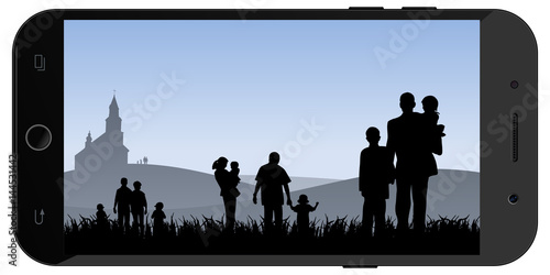 Young people with children going to church vector illustration.