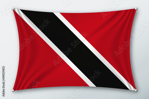 Trinidad and Tobago national flag. Symbol of the country on a stretched fabric with waves attached with pins. Realistic vector illustration.