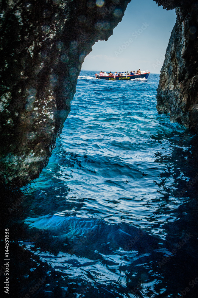 Greece, Zakynthos, August 2016. Rocks, caves and blue water