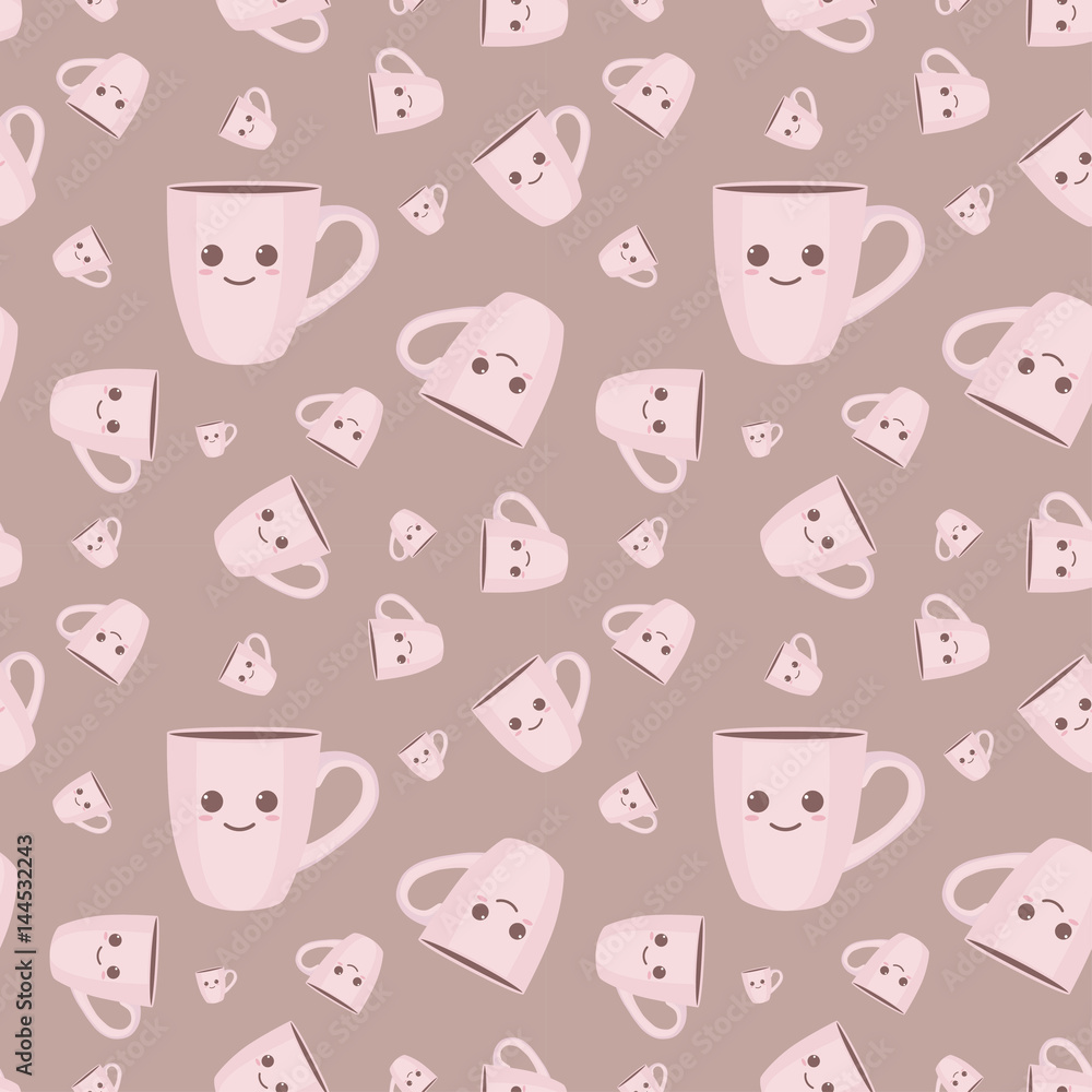 Seamless background with coffee cups. Vector illustration. Cute illustration.