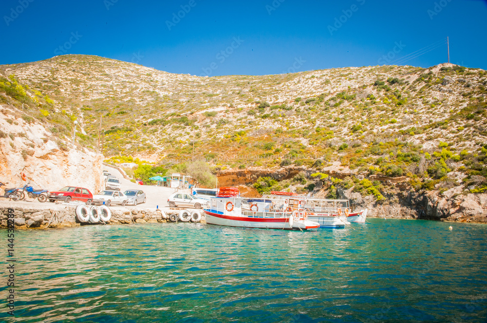 Greece, Zakynthos, August 2016. Rocks, caves and blue water, bay, harbour