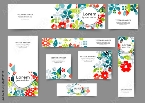 Set of abstract web banner templates with floral background. Different sizes