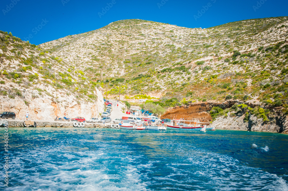 Greece, Zakynthos, August 2016. Rocks, caves and blue water, bay, harbour