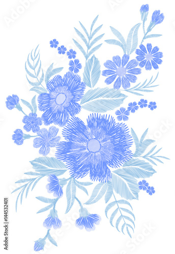 Blue embroidered flower bouquet field fashion patch fabric ornament traditional ethnic vintage embroidery vector illustration