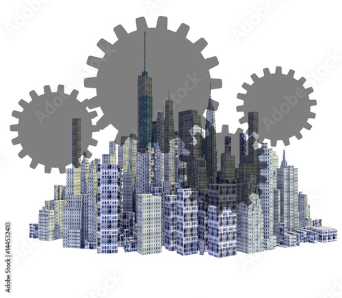 Rendered 3d city skyline with teamwork gears isolated on white background