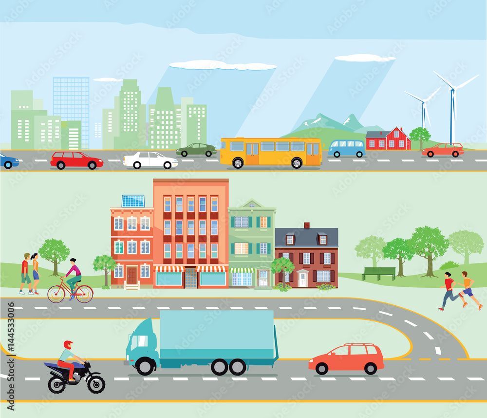 Straßenverkehr mit Umgehungsstraße und Autobahn Illustration