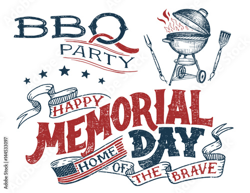 Memorial Day barbecue party greeting card. Hand lettering cookout BBQ party invitation. Sketch of barbecue charcoal kettle grill with tools. Vintage typography illustration isolated on white