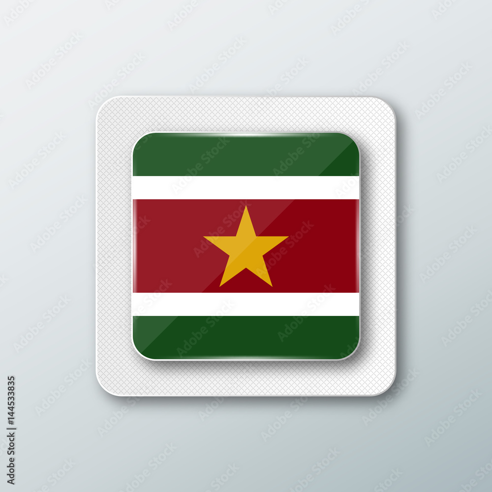 Square button with the national flag of Suriname with the reflection of light. Icon with the main symbol of the country. Square button with the national flag of Suriname with the reflection of light. Icon with the main symbol of the country.