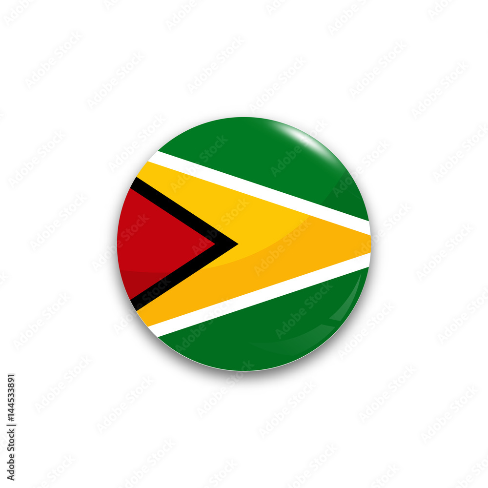 Round button national flag of Guyana with the reflection of light and shadow realistic. Icon country.
